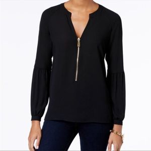 MICHAEL KORS black long sleeve blouse with gold zipper